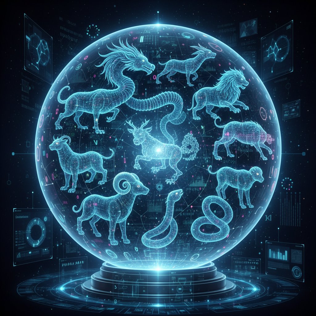 Zwierzęta zodiaku przenikające się z kodem AI