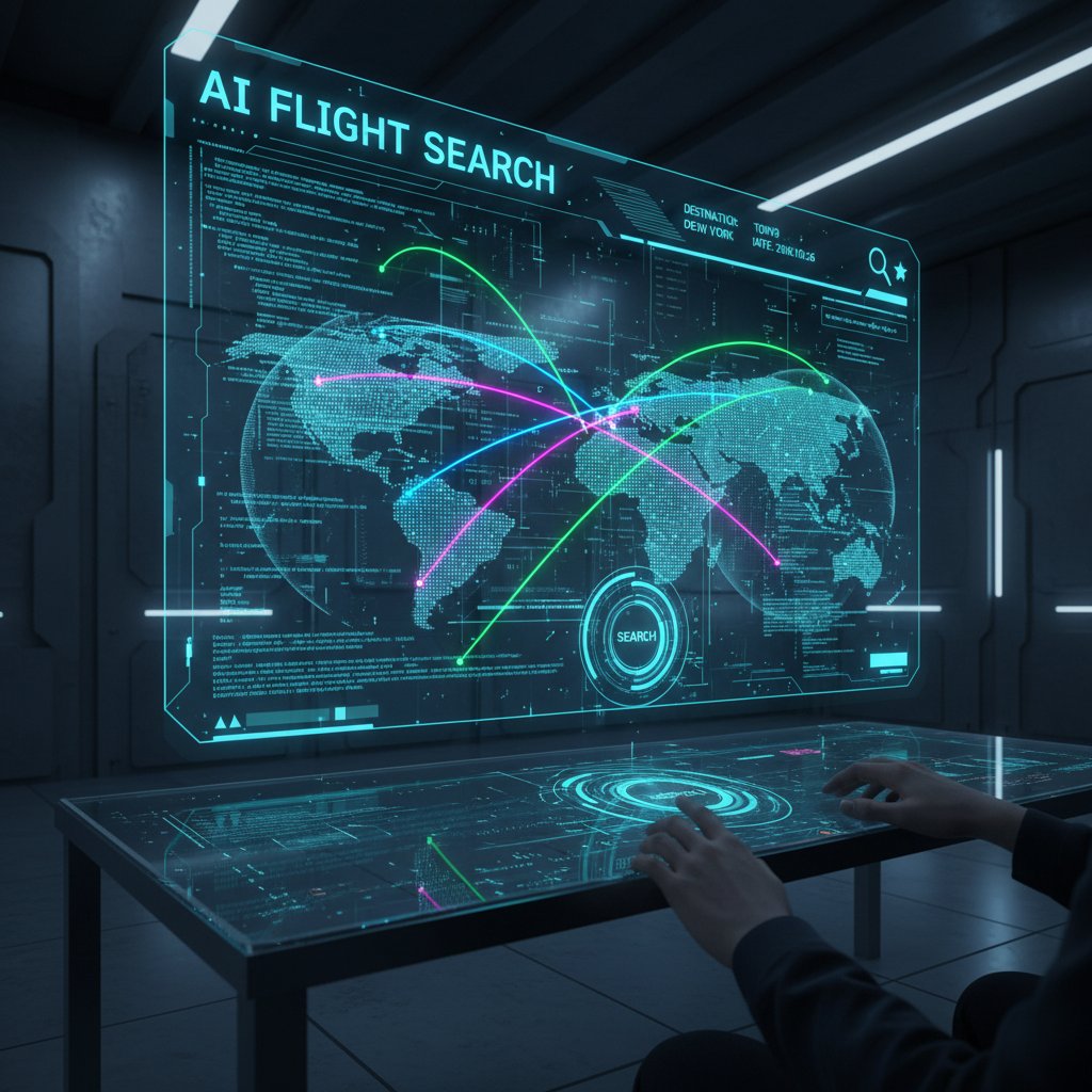 Futuristic flight search AI, neon code and digital flight paths, LLM at work, AI travel search