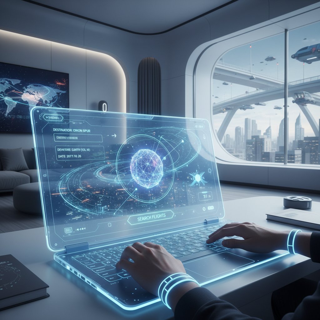 Futuristic clean flight search interface on a laptop, with an AI assistant overlay, showing intuitive results and search filters