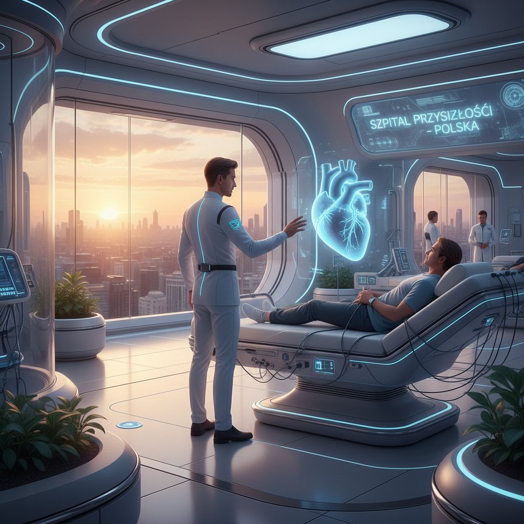 Lekarz oglądający hologram serca z pacjentem w polskim szpitalu, symbolizujący nowoczesną diagnostykę wad wrodzonych serca