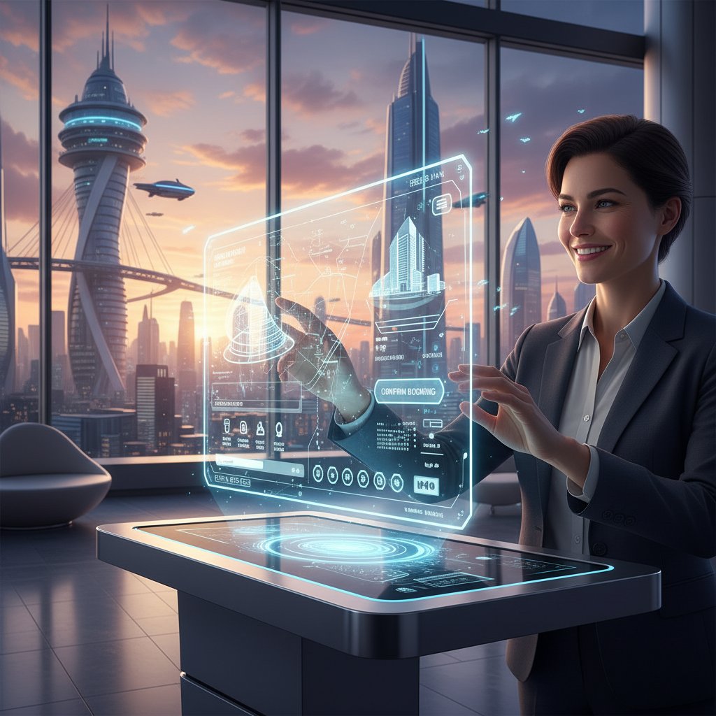 User interacting with advanced hotel booking platform, futuristic hotel search interface glowing UI, smiles, hotel booking with enhanced user experience