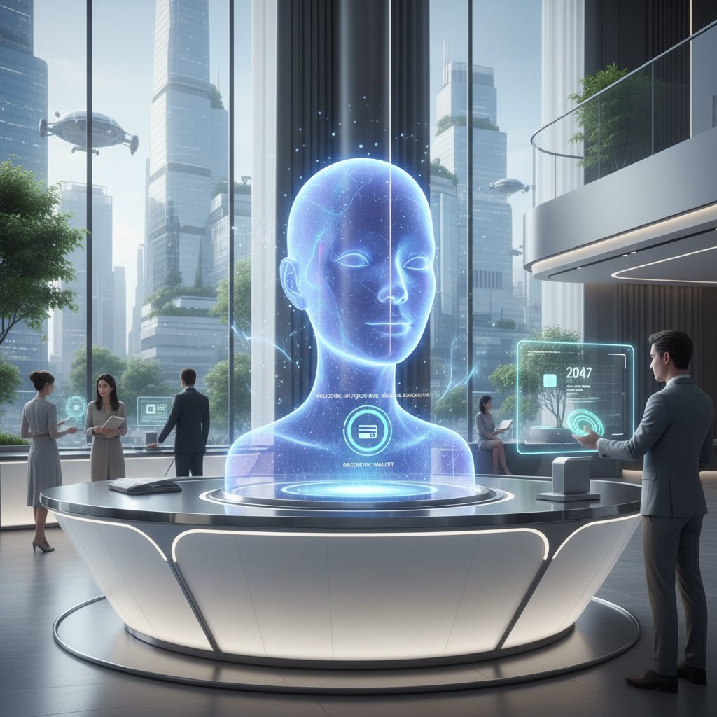 Futuristic hotel check-in kiosk with digital payment interface--ai hotel booking futurestays.ai
