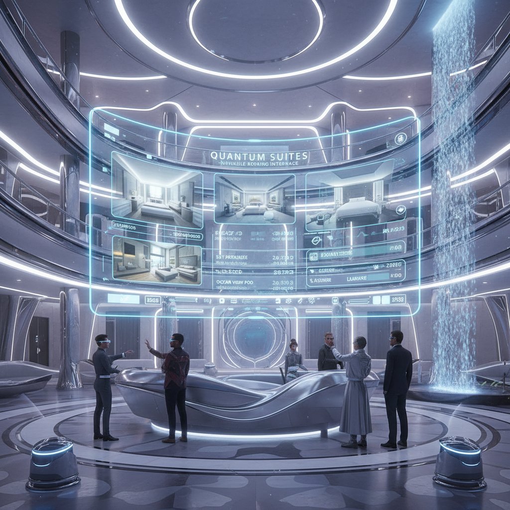 Futuristic hotel lobby with digital booking interface