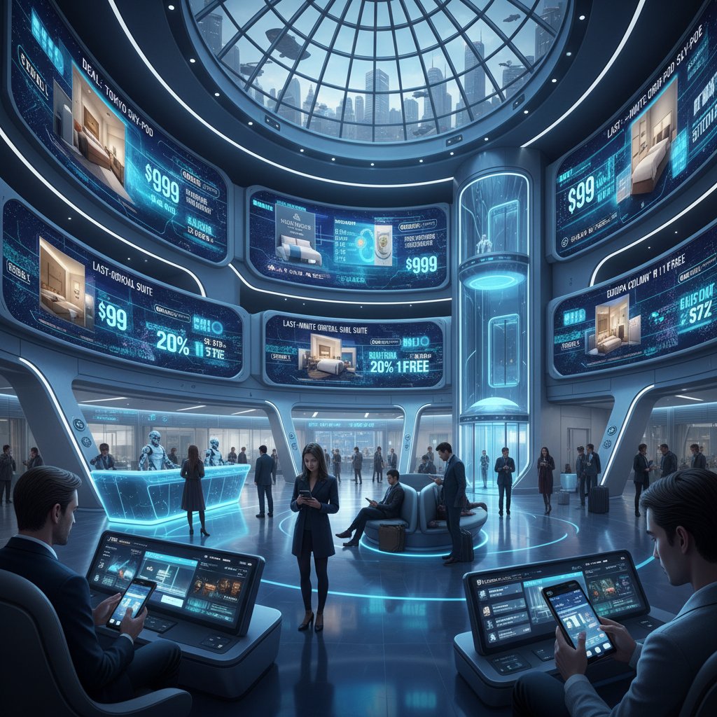 Futuristic hotel lobby with digital price tags and travelers comparing deals using smartphones