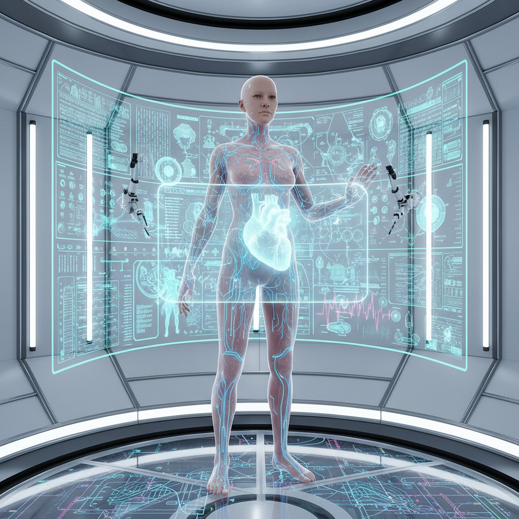Człowiek otoczony cyfrowymi danymi medycznymi – futurystyczna wizja medycyny i diagnostyki