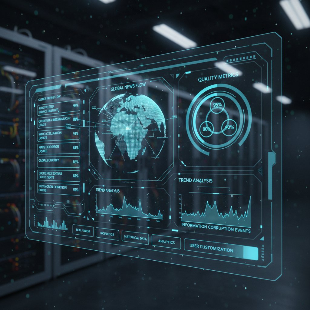 High-tech dashboard showcasing real-time AI news quality metrics, futuristic newsroom