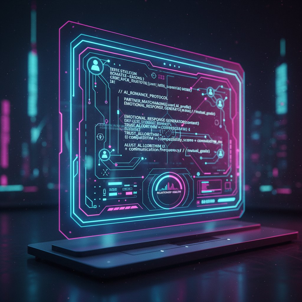 Futuristic interface with code and hearts blending on a screen, neon glow, representing AI code powering a relationship advice app