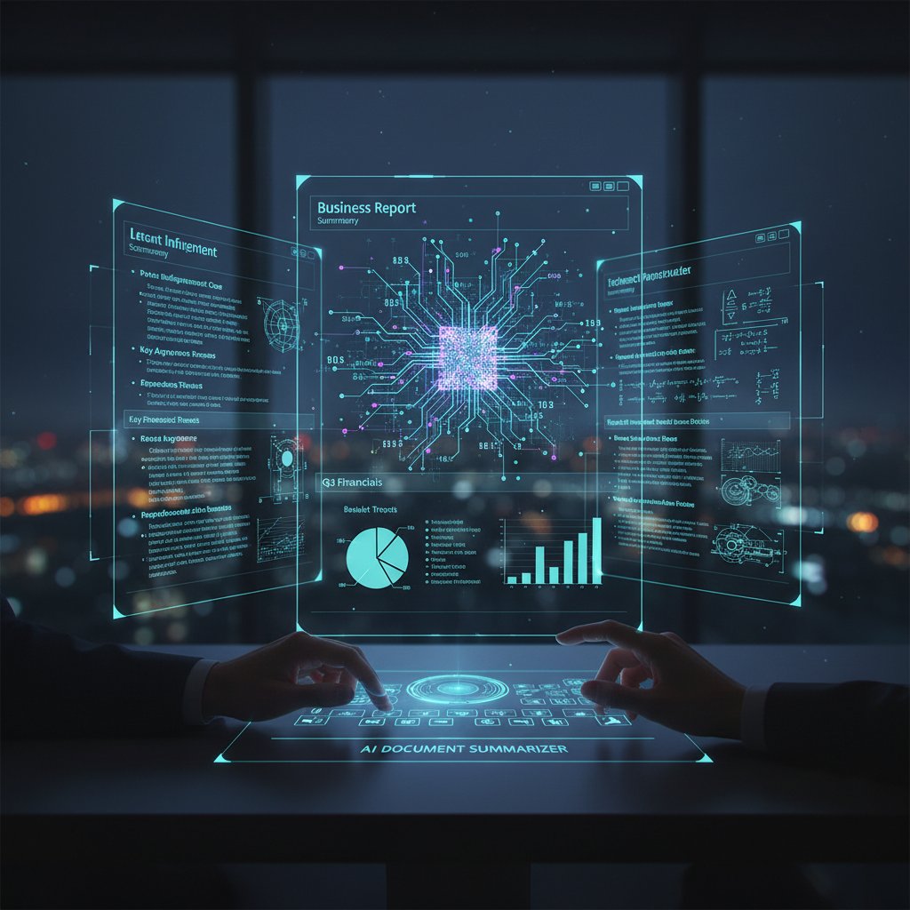 Futuristic AI document summarizer visualization, holographic summaries, user interacting