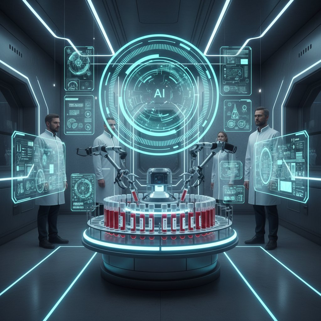 Sztuczna inteligencja analizująca próbki krwi w nowoczesnym laboratorium, futurystyczna scena medyczna, ekrany cyfrowe