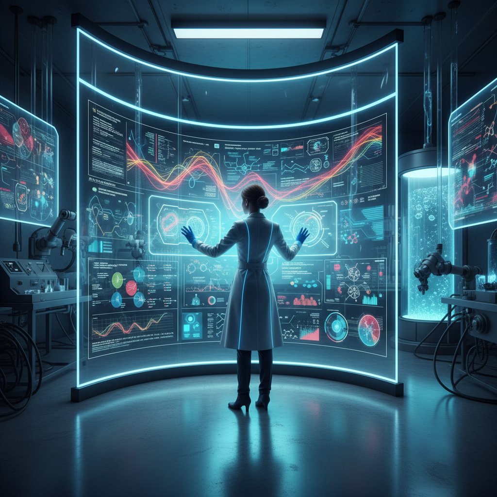 Nowoczesne laboratorium badające potliwość, futurystyczne oświetlenie, naukowiec analizuje dane