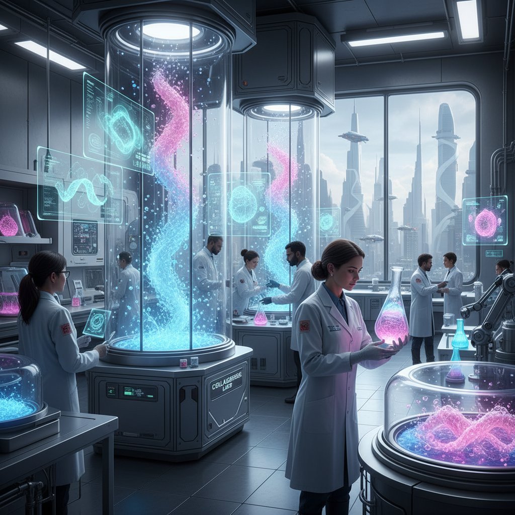 Naukowcy testujący nowoczesny kolagen w laboratorium przyszłości, nowoczesne laboratorium, zaawansowane technologie