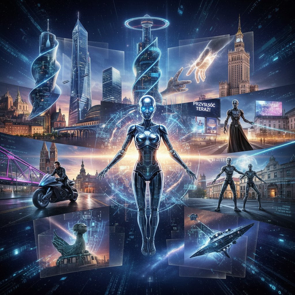 AI i człowiek w polskiej popkulturze – futurystyczna scena miasta z ludźmi i postaciami cyfrowymi