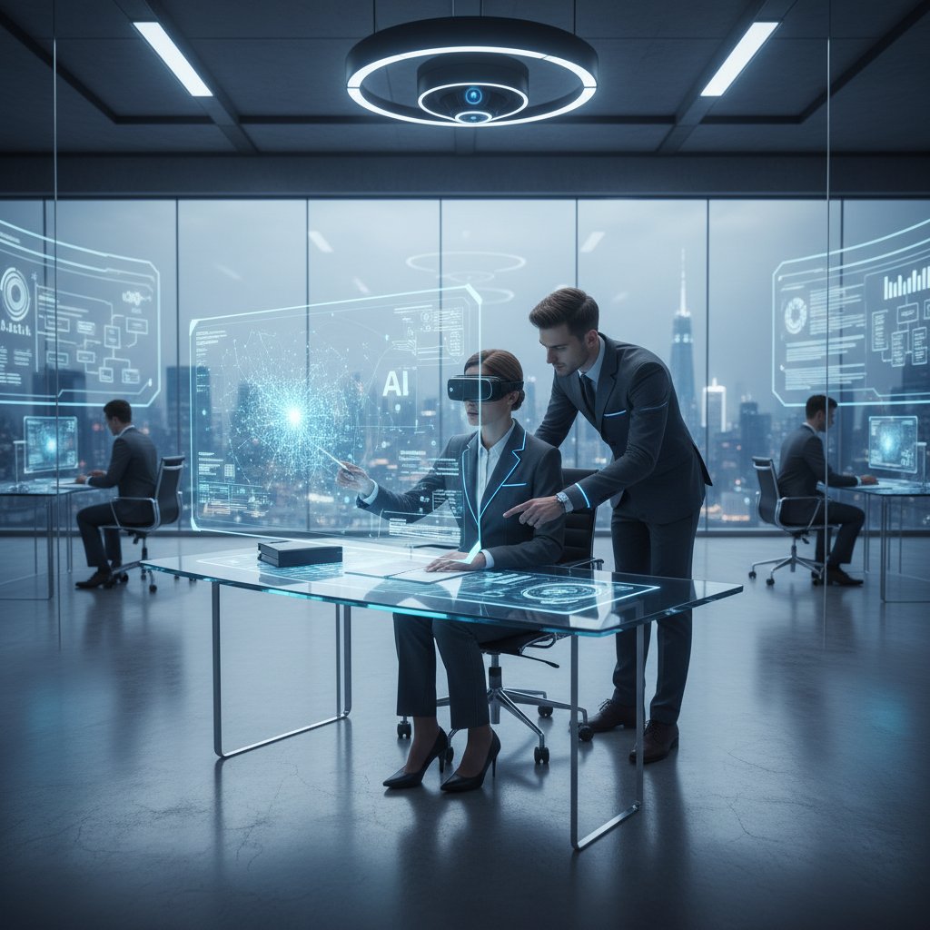 Futuristic office with AI contract assistant, human expert reviewing