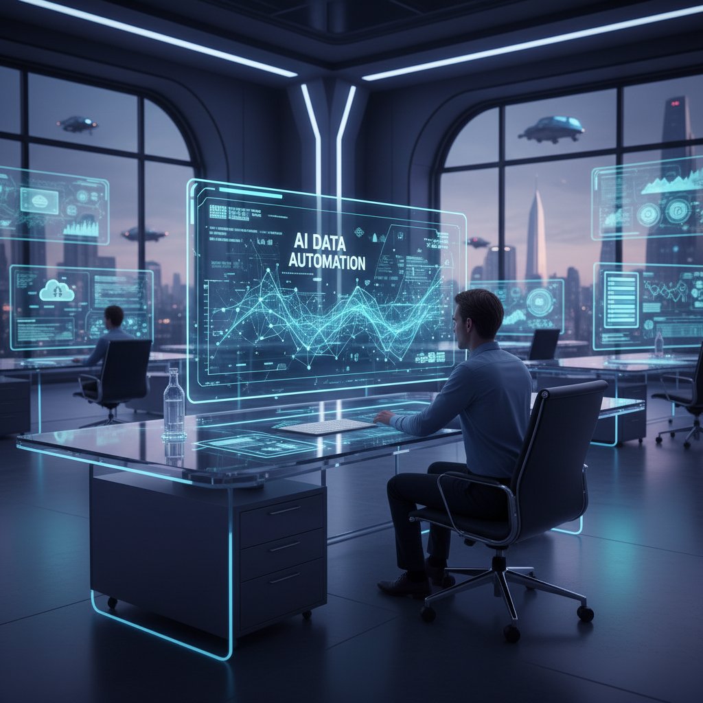 Futuristic office with 3D data streams, symbolizing AI-driven data automation interface