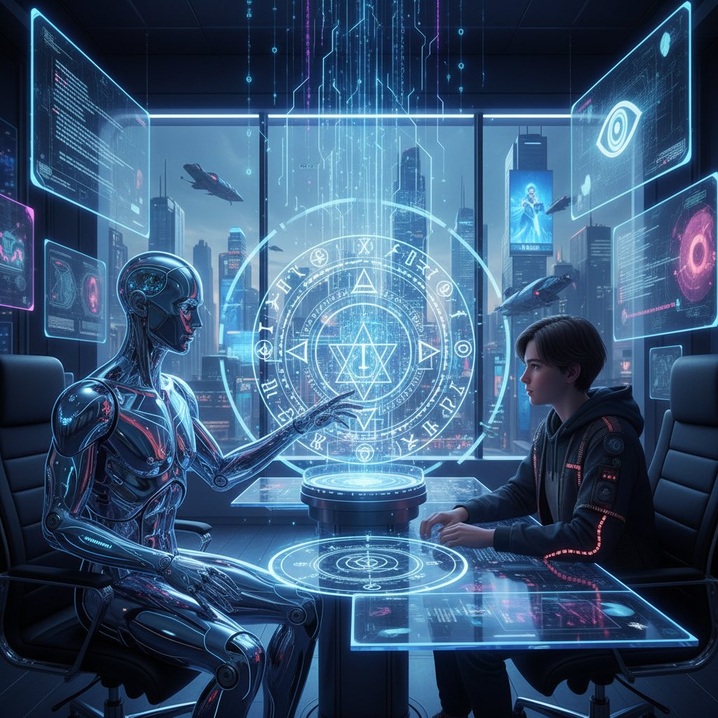 Ilustracja: futurystyczny gabinet, w którym wróżka AI doradza młodej osobie, mieszając symbole magii i kodu komputerowego