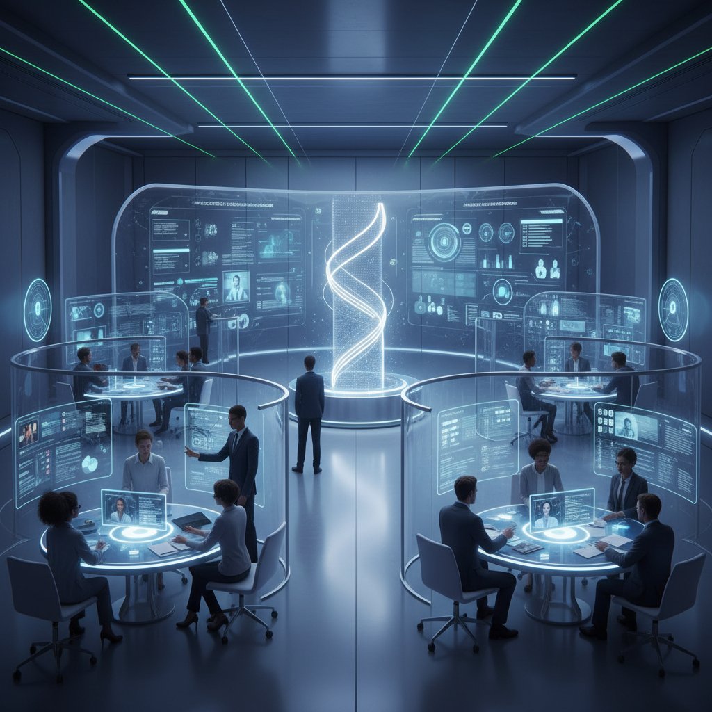 Futuristic office scene showing AI coordinator managing tasks for a diverse team, illustrating digital collaboration beyond email