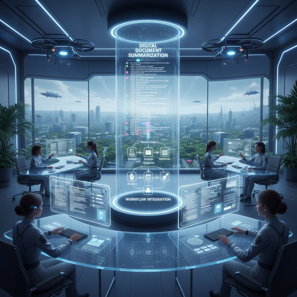 Futuristic office with digital interfaces overlaying real documents, showing digital tools transforming traditional office workflows