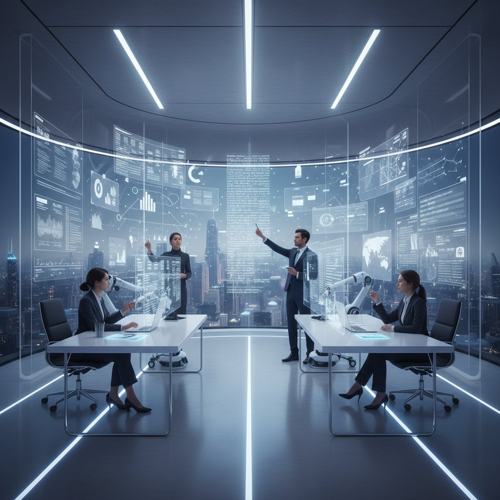 Futuristic office with holographic document displays, representing future-ready document management and control