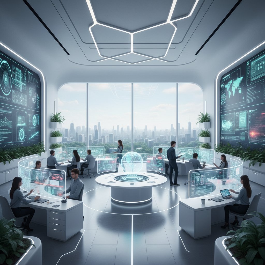 Futuristic office space with digital interfaces and no paper, showing document digitization technology innovations