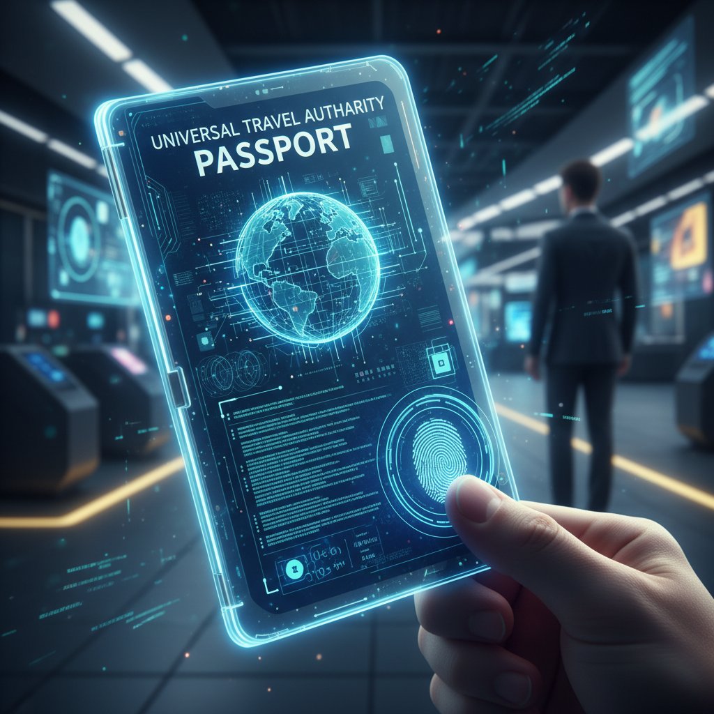 Futuristic photo of a passport made of digital code, symbolizing travel data and privacy in AI-powered virtual assistant for travel planning