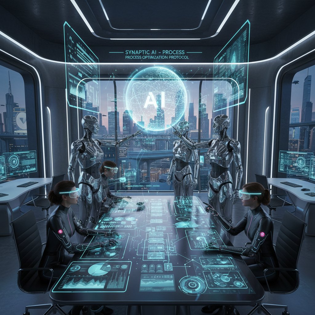 Futuristic team of process coordinators and AI collaborating in digital workspace