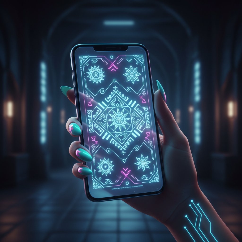 Nowoczesne przepowiednie AI – smartfon z futurystycznym interfejsem wróżby