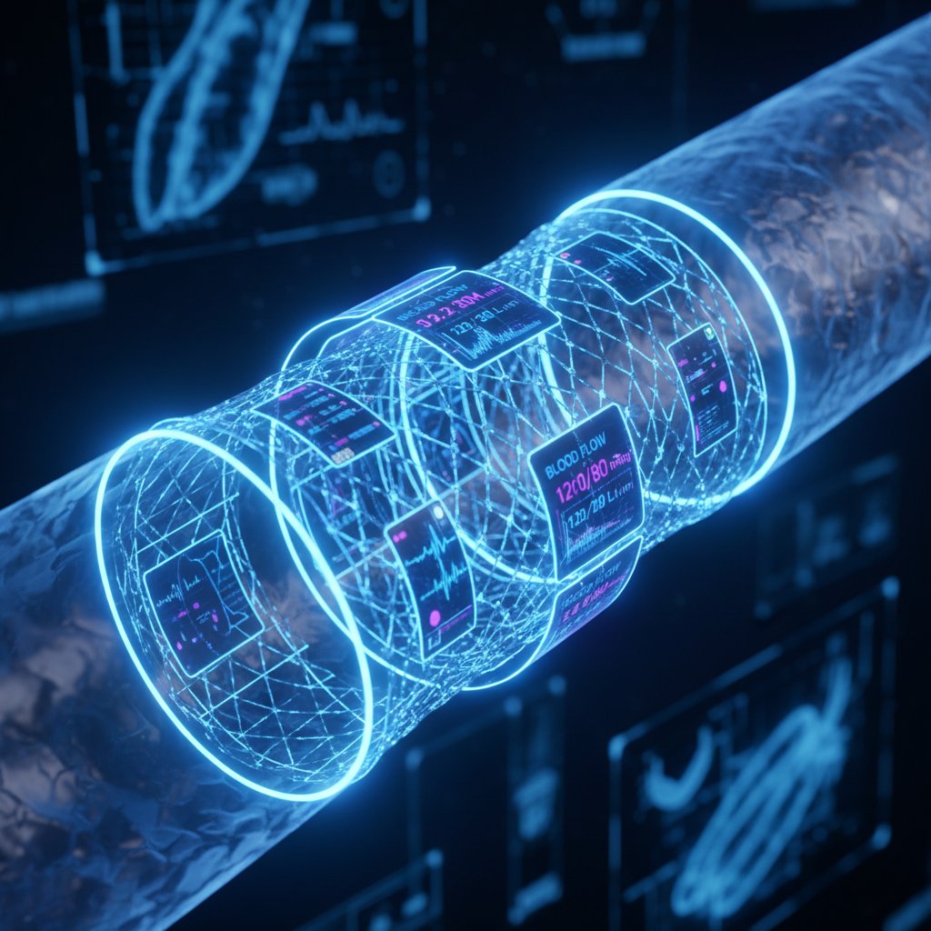 Nowoczesny stent na wyświetlaczu cyfrowym, niebieskie światło, klimat futurystyczny