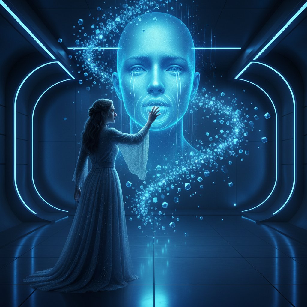 AI-powered digital memorial guestbook interaction. Futuristic style, person engaging with a holographic AI memorial interface, emotionally charged, cool blue tones, 16:9