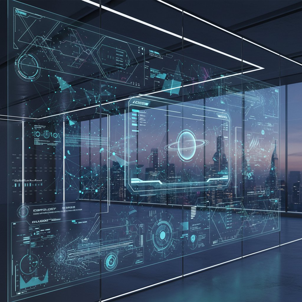 Futurystyczny interfejs rozmów online wyświetlany na cyfrowej ścianie, wizja technologii przyszłości