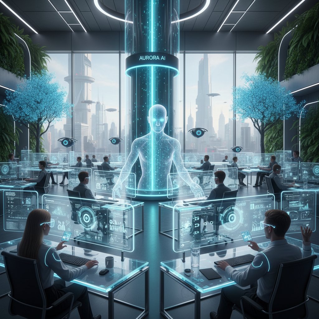 Futuristic workplace photo showing seamless AI device integration, diverse team, and visible clarity in digital workflow, symbolizing the future of productivity assistants and free trials