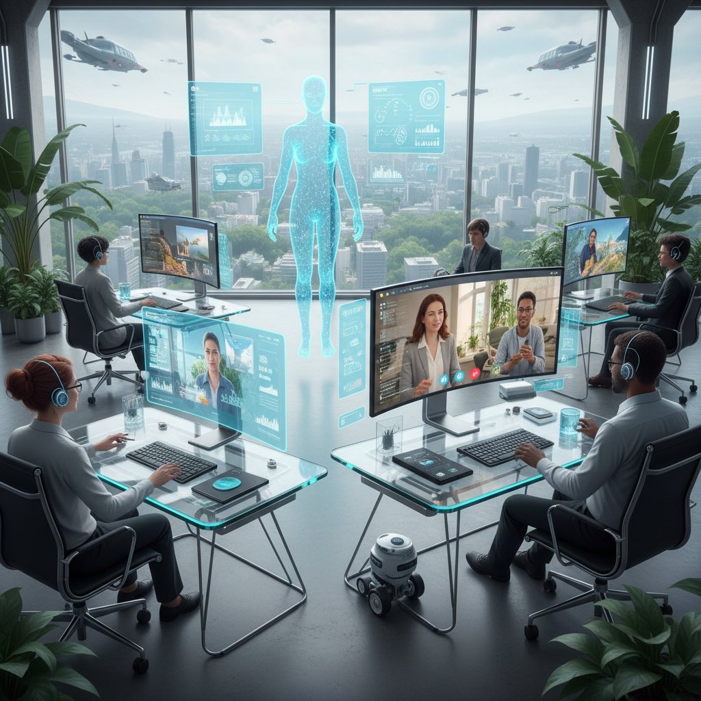 Visionary depiction of remote work and virtual coordinators in 2030, futuristic workplace, holographic AI coordinators, diverse team at work, 16:9