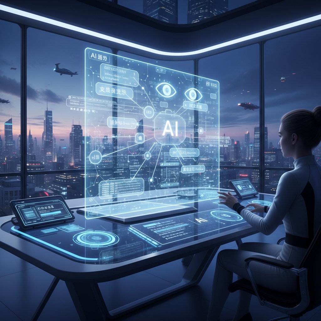 Futuristic workspace with AI hologram analyzing multilingual documents, editorial style, 16:9