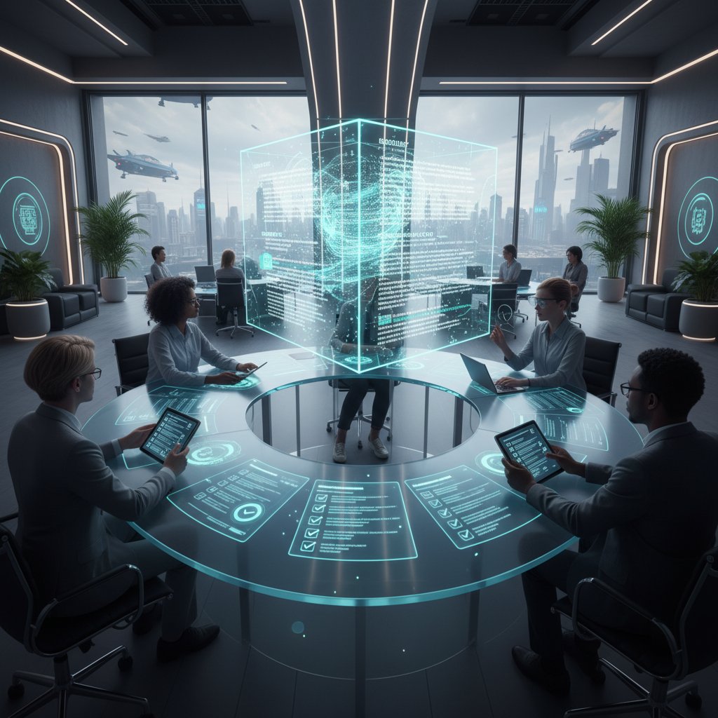 Futuristic workspace with digital checklists, a modern office preparing for AI workflow automation and document summarization integration