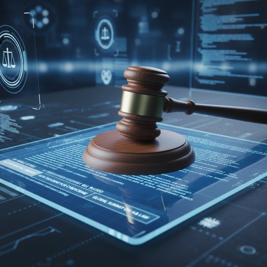 Gavel and computer code merge to symbolize AI news law, legal and ethical dilemma