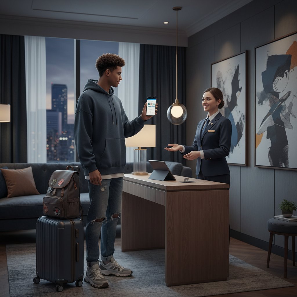 Gen Z traveler using a smartphone for private hotel check-in