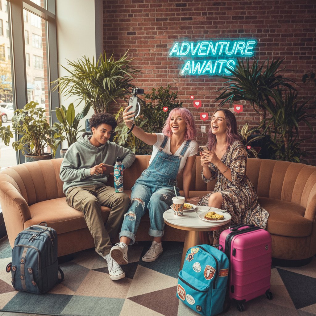 Gen Z travelers exploring an eco-friendly boutique hotel lobby with social media moments