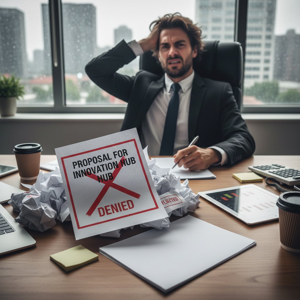 Businessperson frustrated over a stack of rejected proposal documents in dim light with a digital tablet