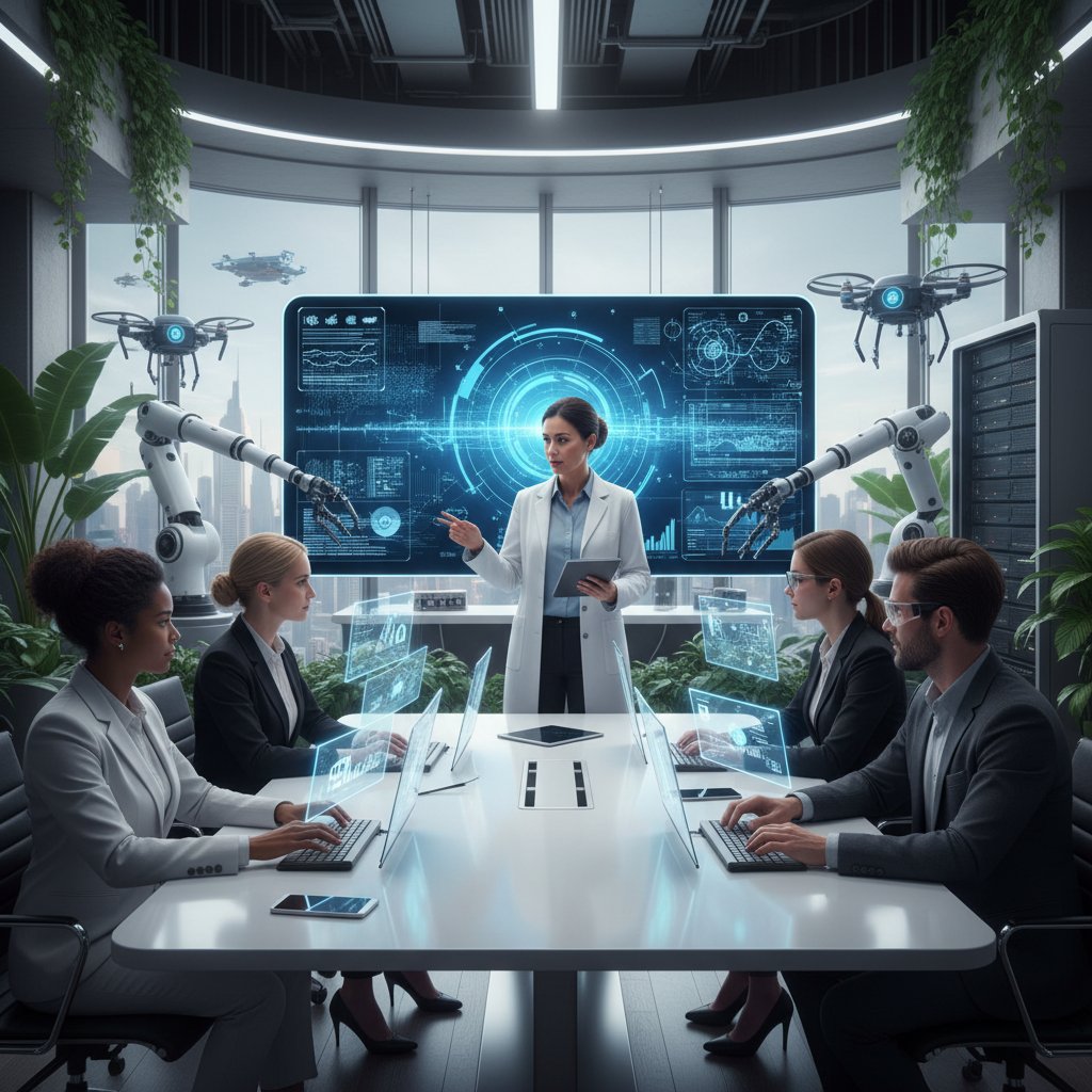 Nowoczesny zespół pracujący z AI generatywną – zdjęcie zaawansowanej technologii w biurze