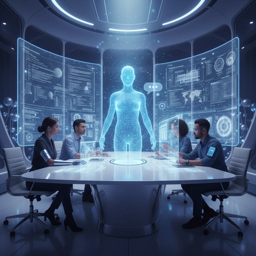 Team collaborating with generative AI chatbot on creative project, futuristic workspace