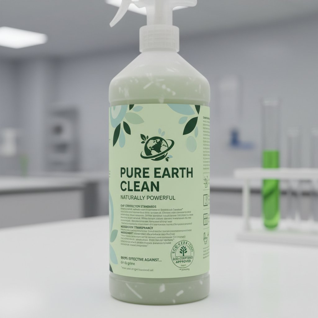 Satirical photo of a generic eco cleaning product with fine print exposing questionable green claims
