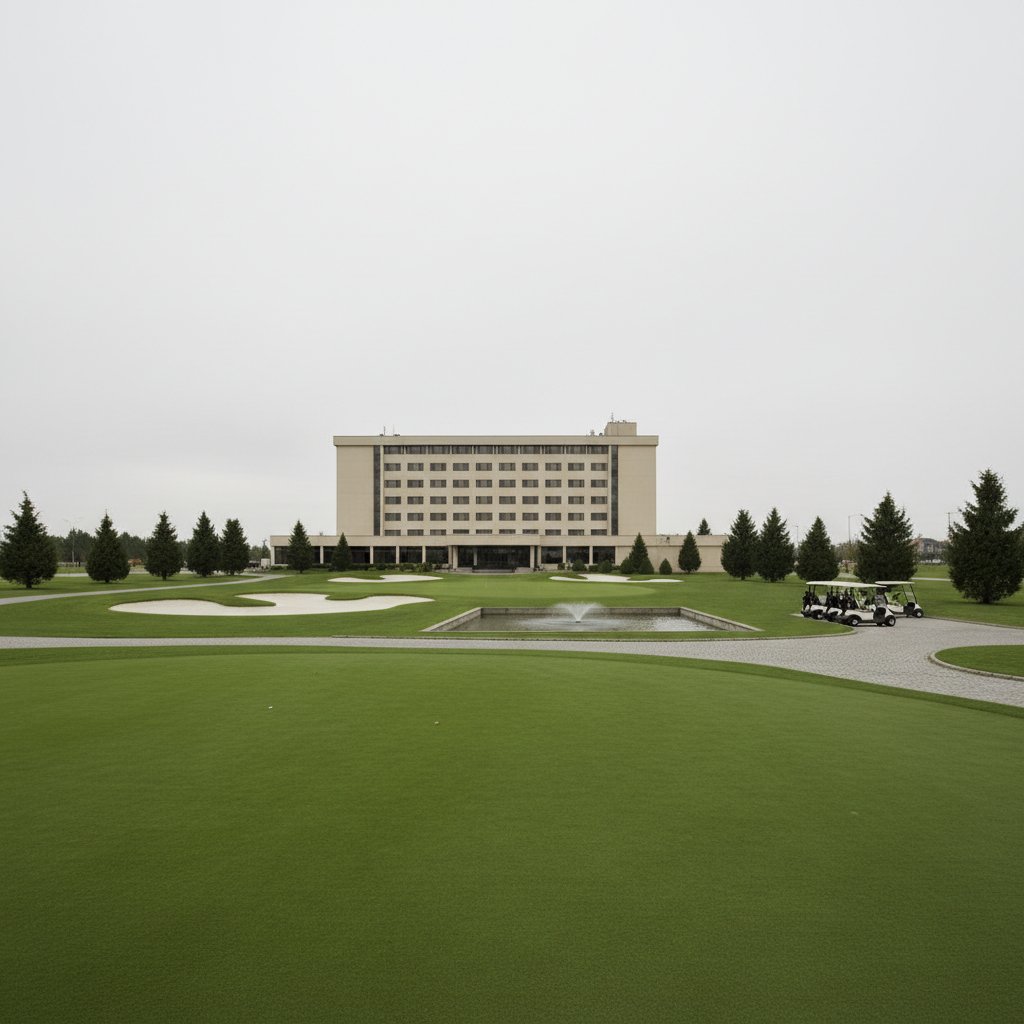Artificially manicured golf course with generic hotel in background