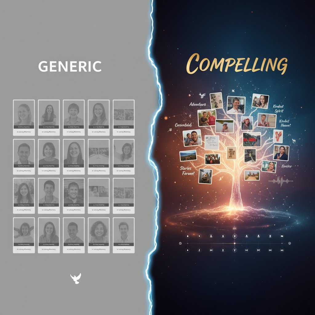 Split-screen before and after of a generic vs. compelling digital memorial, illustrating transformation with bold visual contrast and keyword-rich description