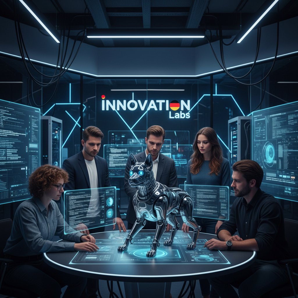 Innovatives deutsches Entwicklerteam arbeitet an KI-Hund, Studioatmosphäre