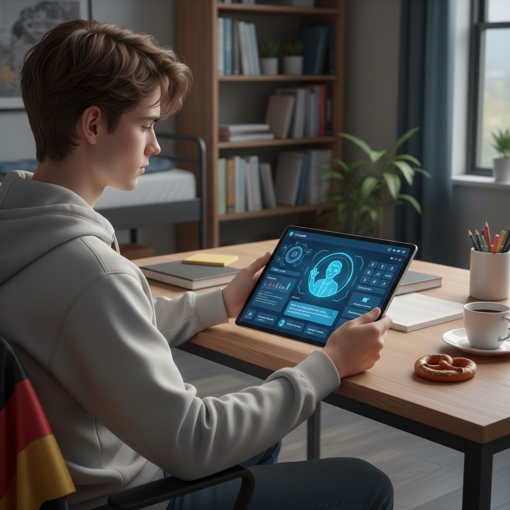 Deutscher Schüler bearbeitet Aufgaben am Tablet, KI-Dashboards im Hintergrund – Fokus auf personalisierte Nachhilfe