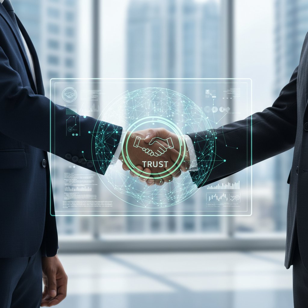 Global business handshake overlaid with digital contract interface