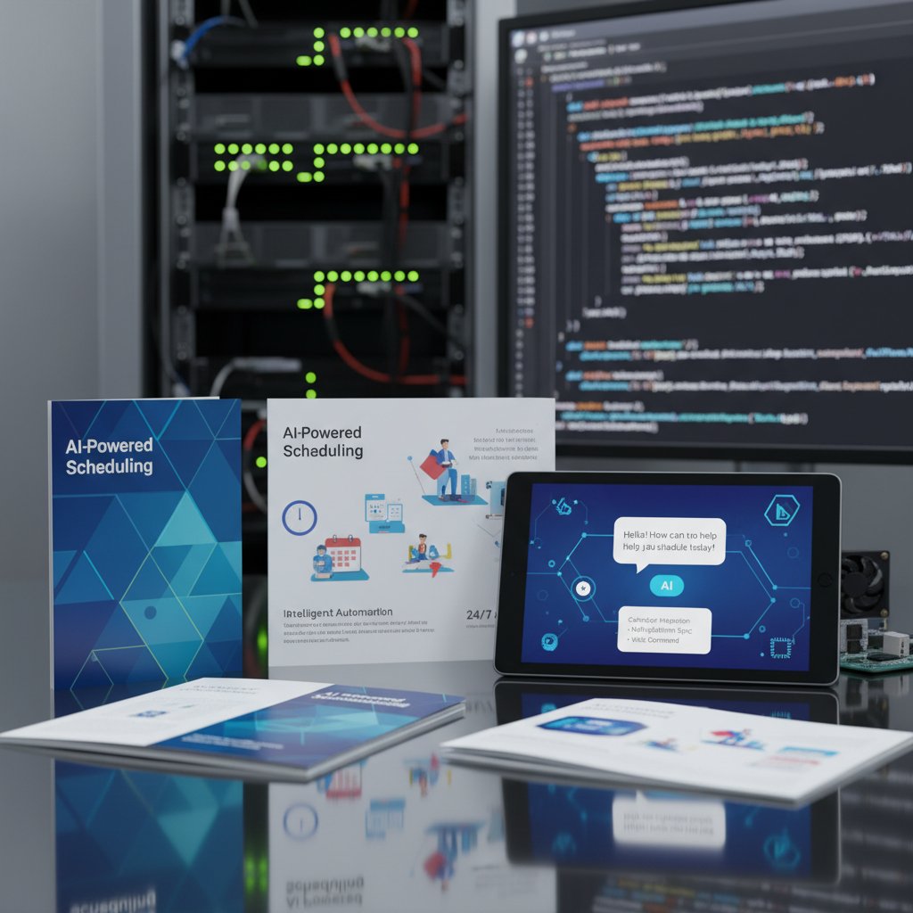 Split-screen: glossy marketing materials vs. behind-the-scenes code, AI chatbot scheduling assistant features