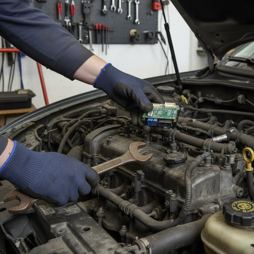 Gloved hands holding an expensive electronic control module and dirty wrench over a car engine