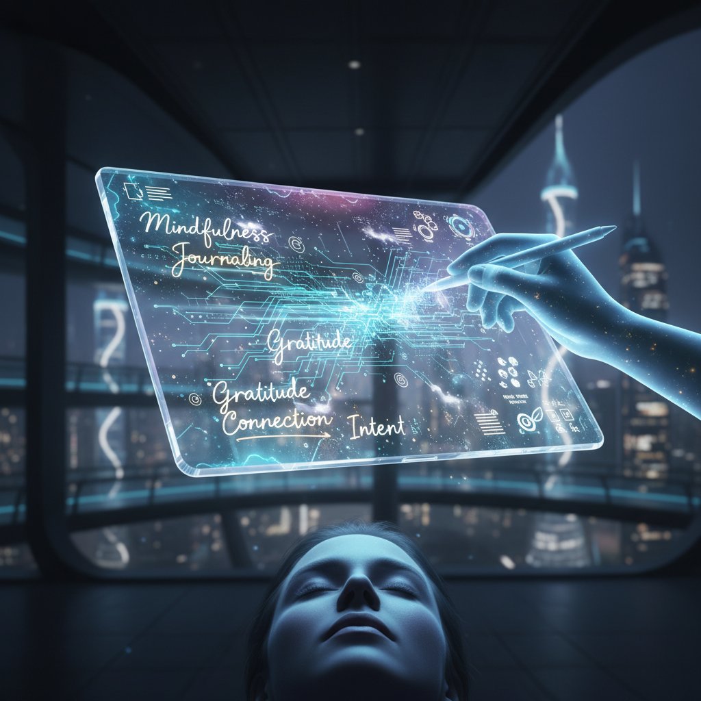 Journal transforming into digital app with data overlays, representing future of AI and mindfulness journaling