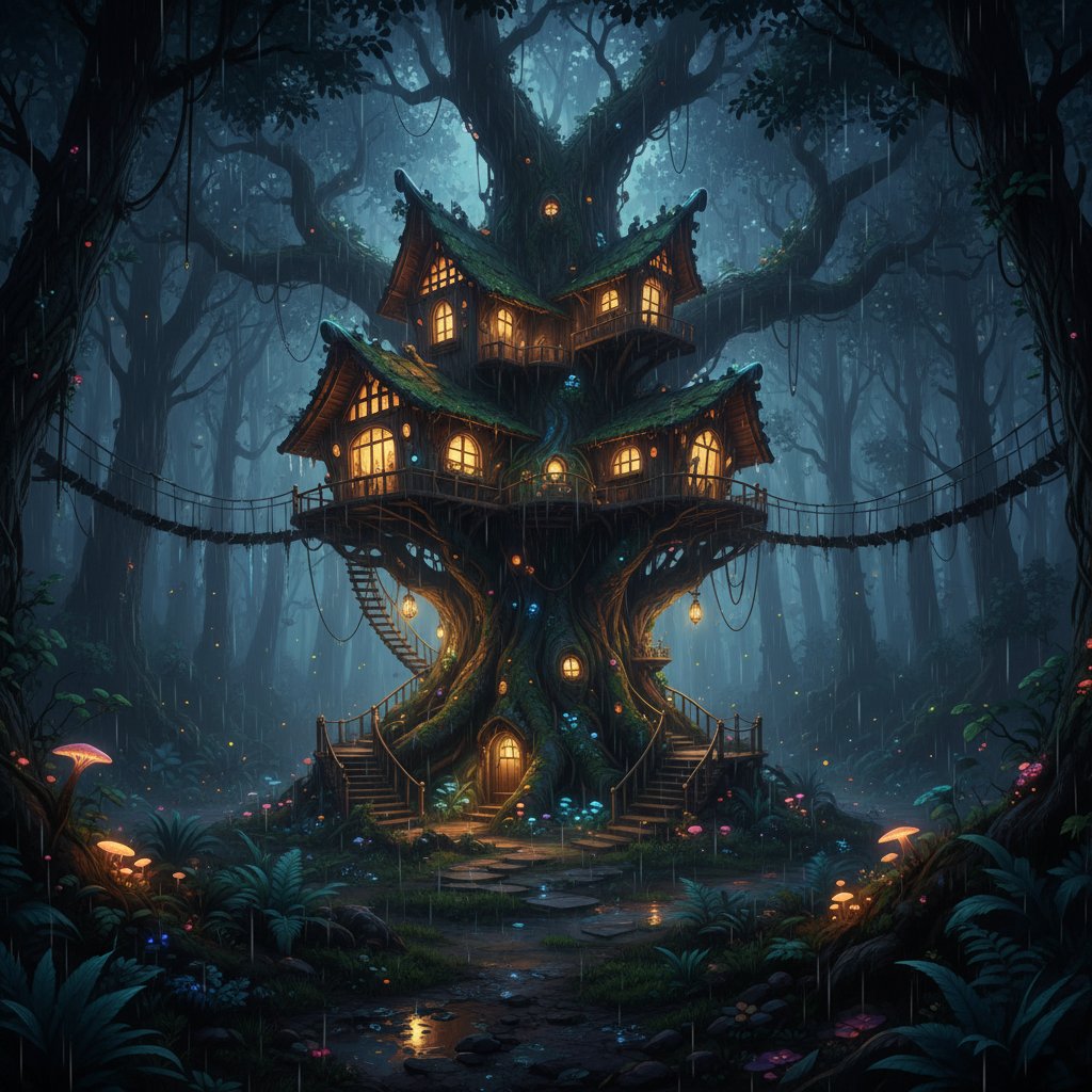 Nighttime glowing treehouse in the rain, illustrating magical and challenging guest experiences