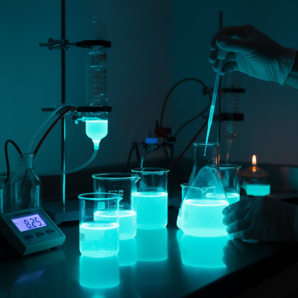 Laboratoryjna bryłka świecącego fosforu w rękawicach, otoczona probówkami – symbol przełomowych odkryć z historii chemii